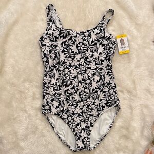 Lands’ End One-Piece Swimsuit Medium 10–12 Black White Floral Shelf Bra NWT